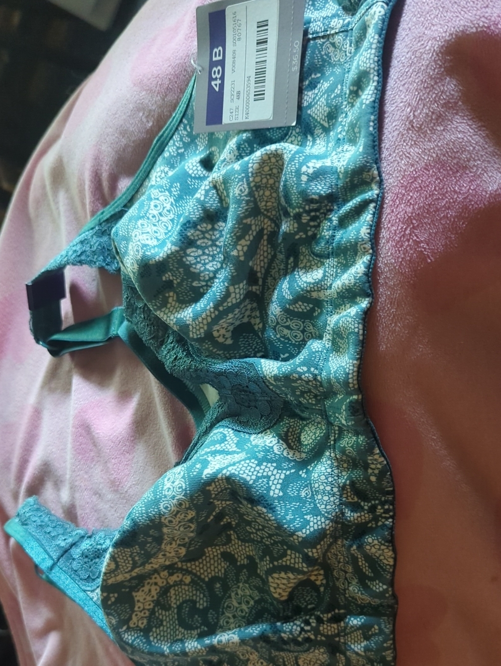 Catherines Teal Paisley Wireless Bra - Size 48B Cotton Comfort New Nwt
